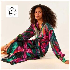 Farm Rio Midnight Leaves Shirt Dress • Silky Viscose • Beaded Belt • Size Small